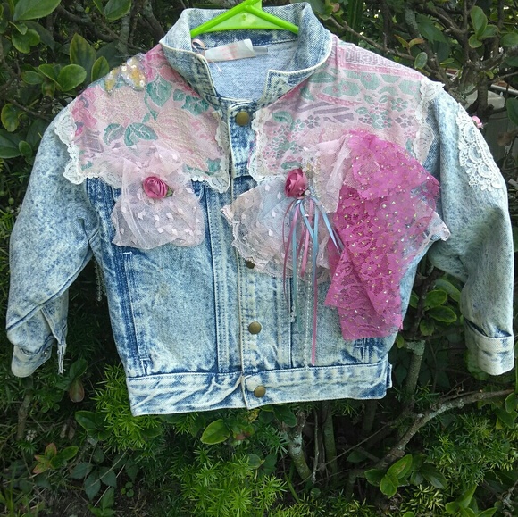 VTG OOAK 80s Acid Wash Denim Stone Embellished - Picture 3 of 8